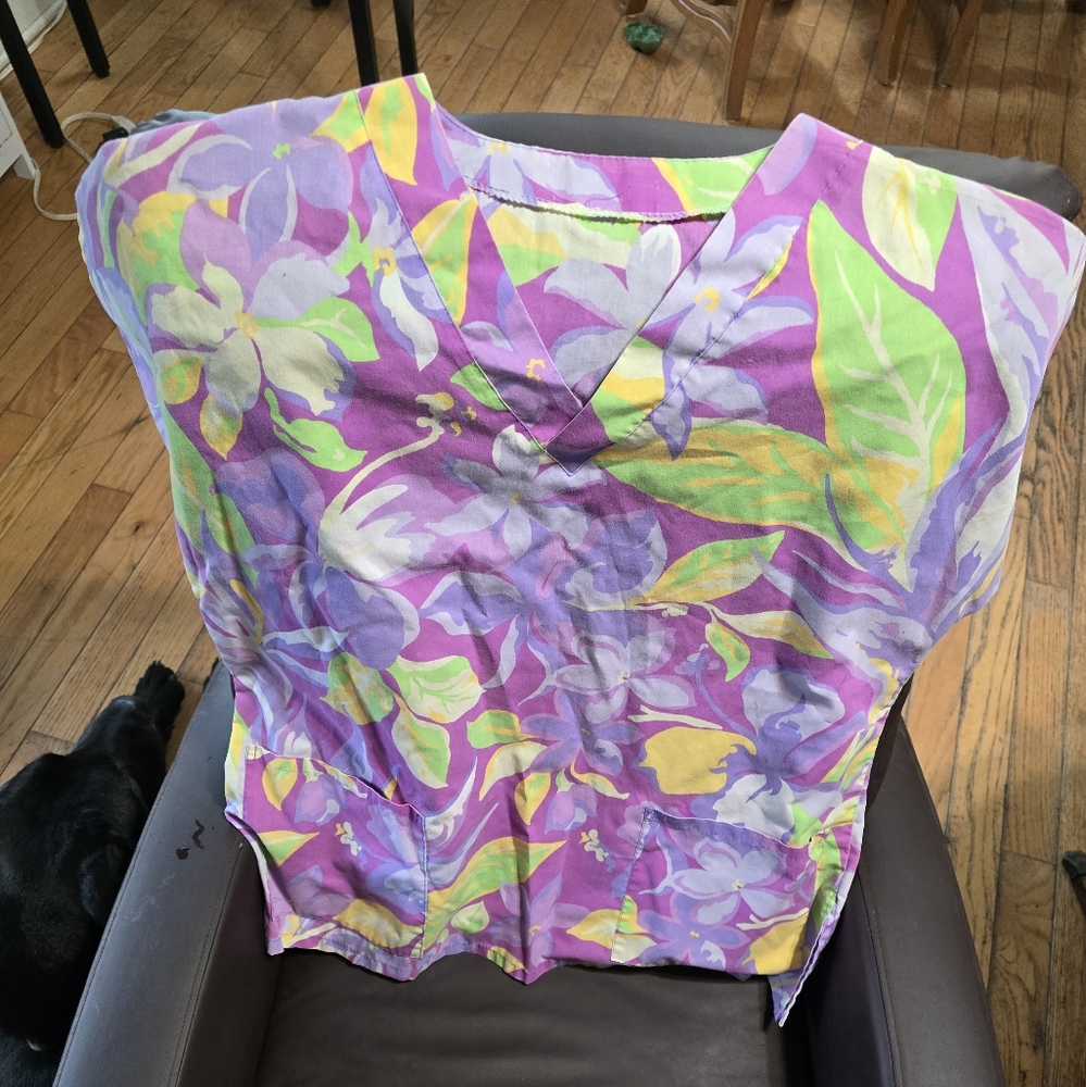 Floral V-Neck Women's  - Purple and Green Scrub Top Very Soft Fabric XL